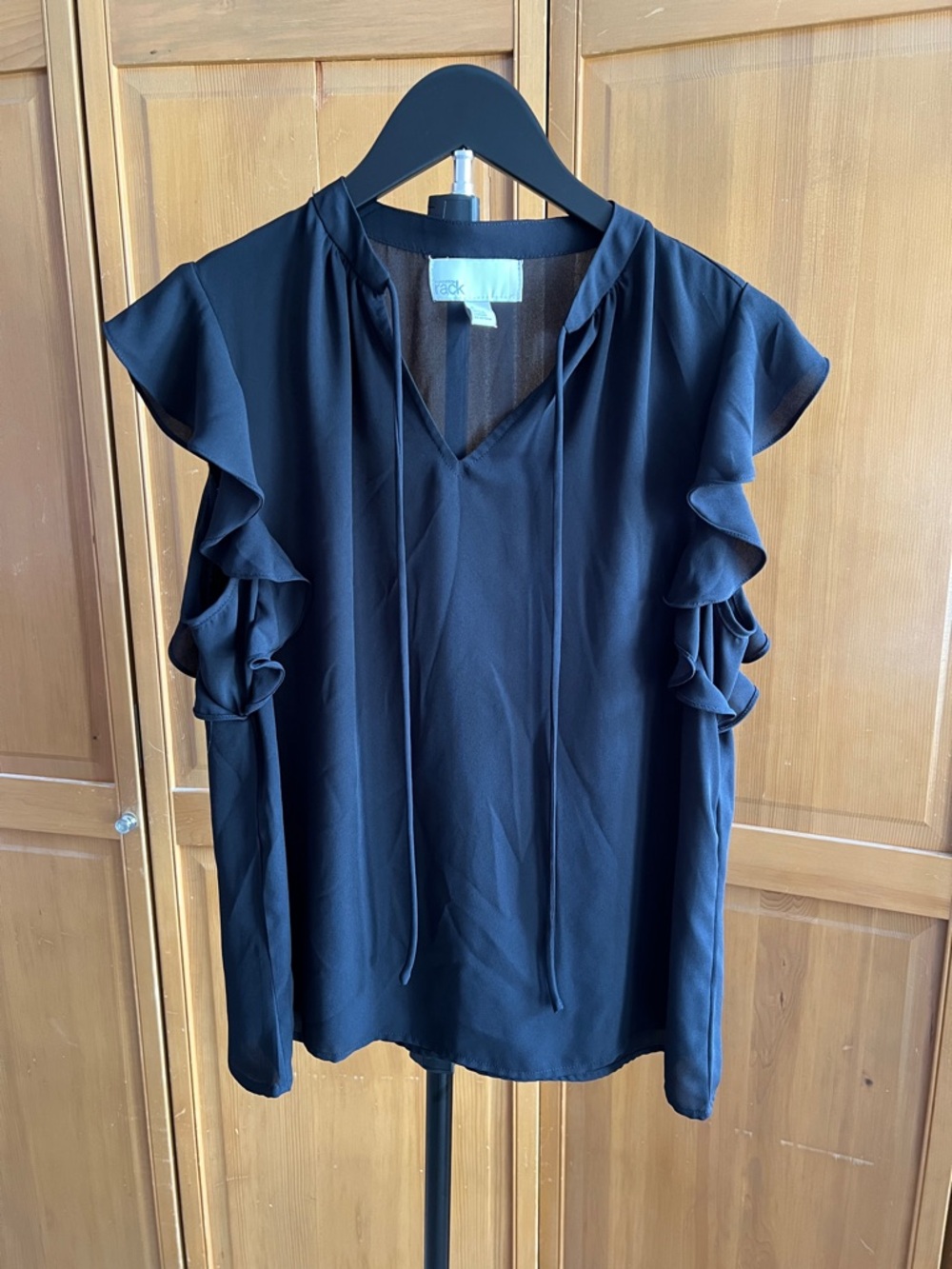 Black Ruffle Sleeve V-Neck Tie Blouse
